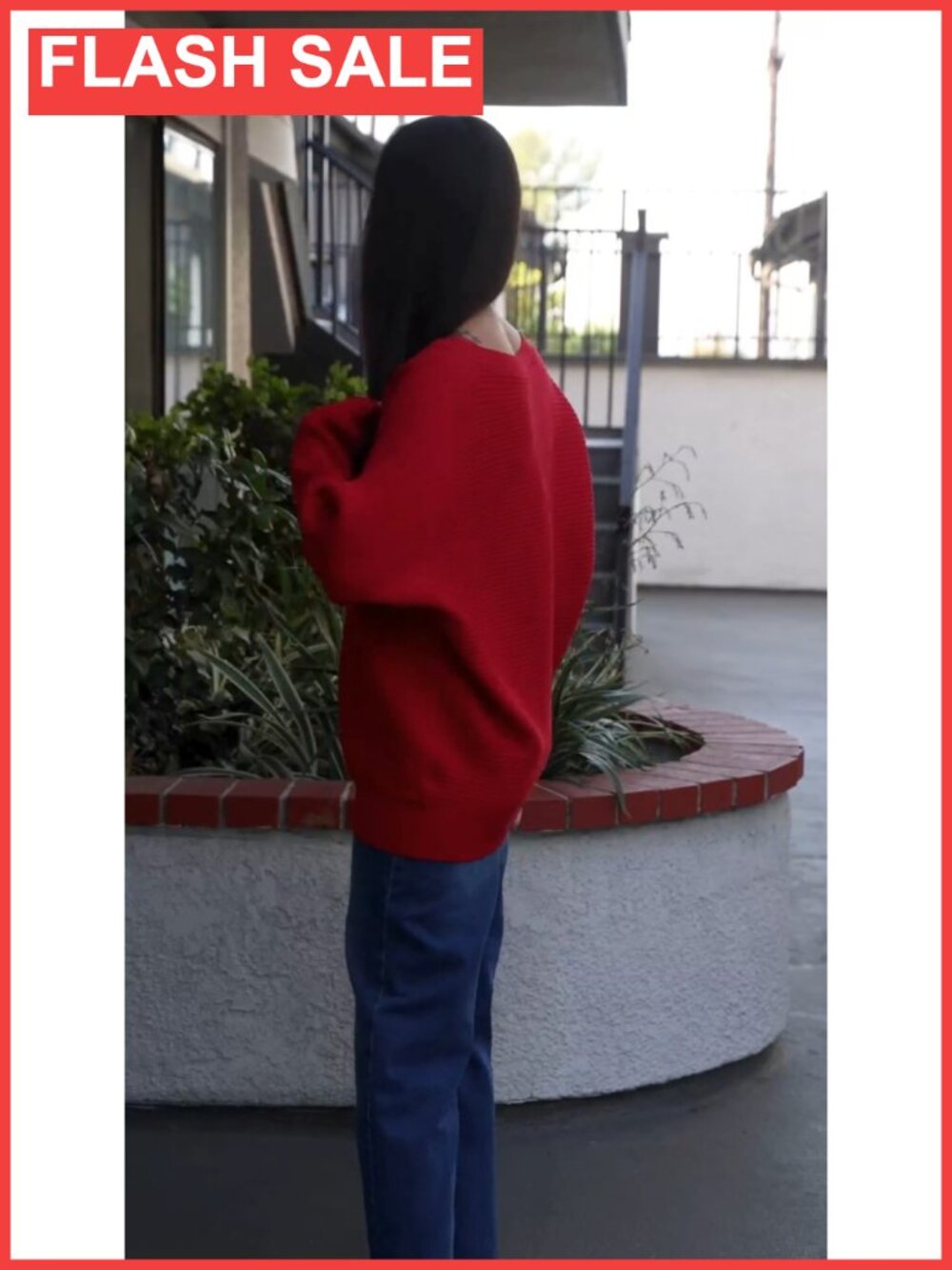 Off Shoulder Oversized Sweater Batwing Sleeve V-Neck Pullover - Picture 5 of 6